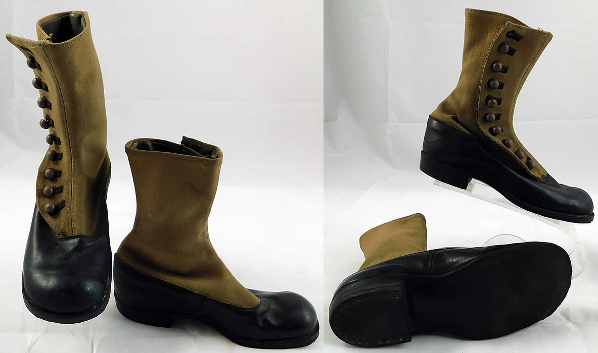 Unworn Victorian Two Tone Khaki Canvas Leather High Top Button Boots
The boots measure 6 1/2 inches tall, 7inches long, 2 1/2 inches wide and 1 inch high heels.