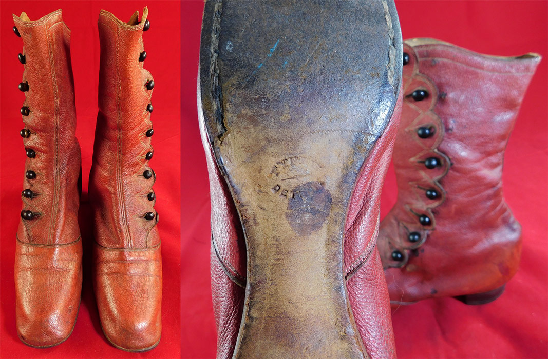 Victorian Rare Red Leather Scalloped High Top Button Boots Shoes
These beautiful boots have scalloped sides, slightly squared toes, 9 black shoe buttons for closure, lined in a kid leather inside, hard leather bottom soles stamped "Detroit" and low stacked wooden cube heels.