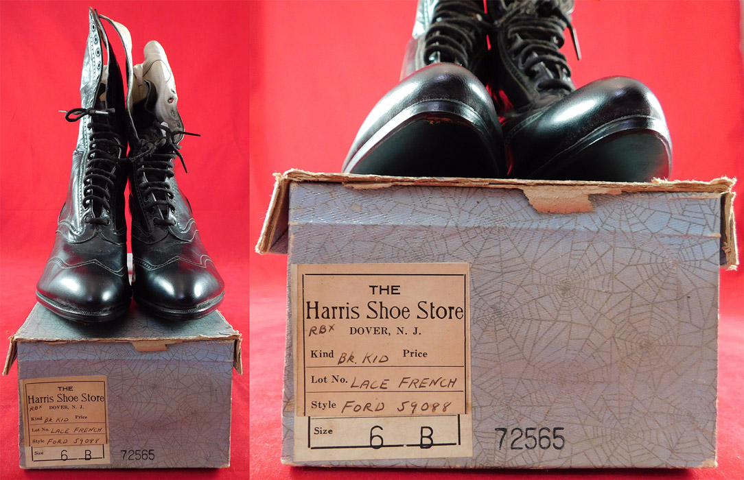 Unworn Edwardian Black Kid Leather High Top Lace-up Boots & Shoe Box
The shoe box is in as-is condition with some wear, staining breaks damage to the outer cardboard and the shoes string laces are rotted needing replacing. 