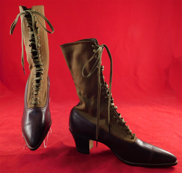 Unworn Edwardian Two Tone Khaki Brown High Top Laceup Cloth Leather Boots & Shoe Box
These antique boots are difficult to size for today's foot, but are approximately a US size 7 narrow width.