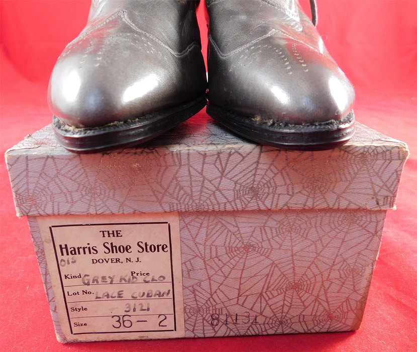 Vintage Unworn Edwardian Gray Cloth Wool Leather High Top Lace-up Boots Shoe Box 
The boots measure 10 1/2 inches tall, 10 inches long, 2 1/4 inches wide, with 2 inch high heels. These antique boots are difficult to size for today's foot, but are a approximately a US size 6 narrow width. They have never been worn, and are old store stock stored away in a basement of the store since 1910, in excellent wearable condition. These are truly a wonderful piece of quality made wearable shoe art! 