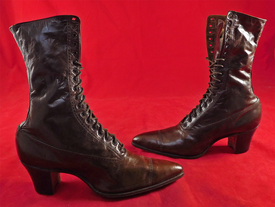 Edwardian Antique Dark Brown Leather High Top Lace-up Cube Heel Boots
These antique boots are difficult to size for today's foot and are approximately a US size 6 or 6 1/2 narrow width.