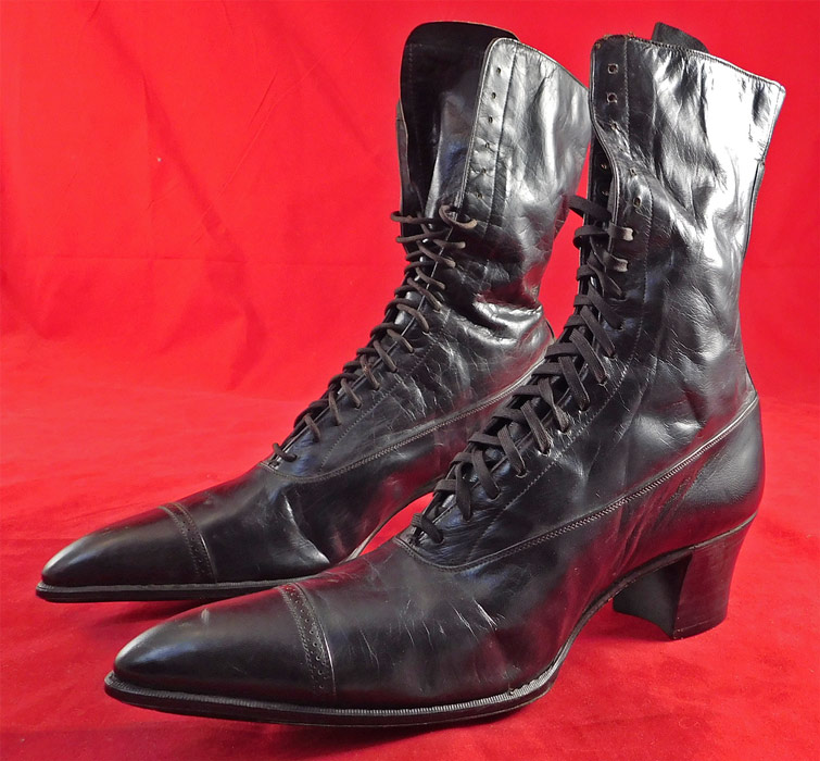 Victorian John S. Gray Unworn Black Leather High Top Lace-up Boots
They are made of a black leather, with decorative punch work designs across the front toes. 