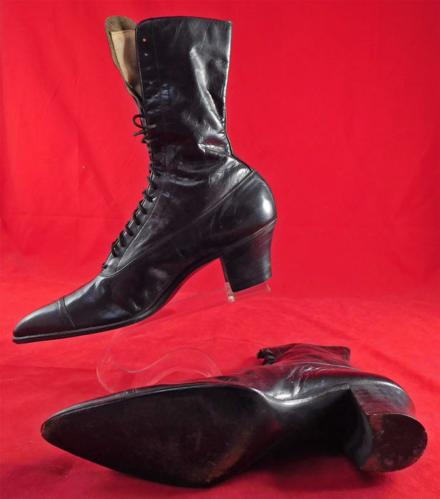 Victorian John S. Gray Unworn Black Leather High Top Lace-up Boots
The boots measure 9 1/2 inches tall, 10 1/2 inches long, 2 1/2 inches wide, with 2 inch high heels.