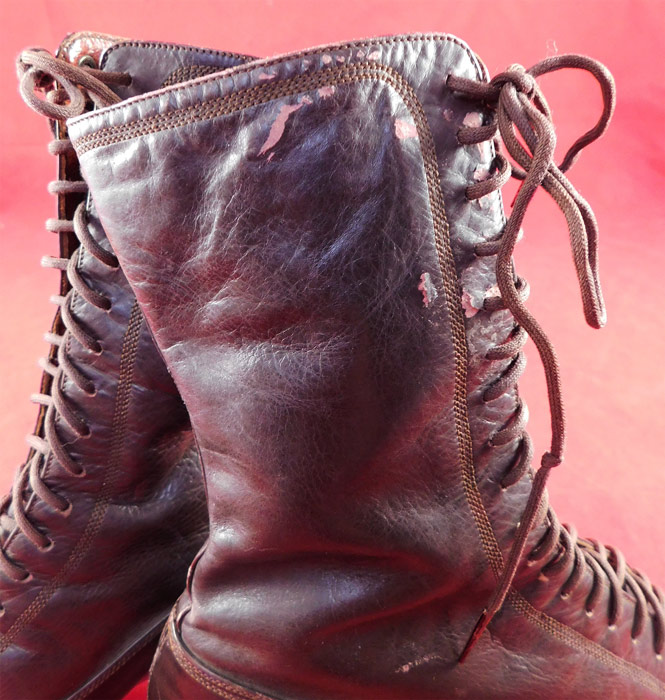 Victorian Unworn Poehlman Shoe Co. Brown Leather High Top Lace-up Boots
They are old store stock, in unworn good wearable condition, with only some flaking leather on one boot top from storage (see close-up). These are truly a wonderful piece of quality made wearable shoe art! 