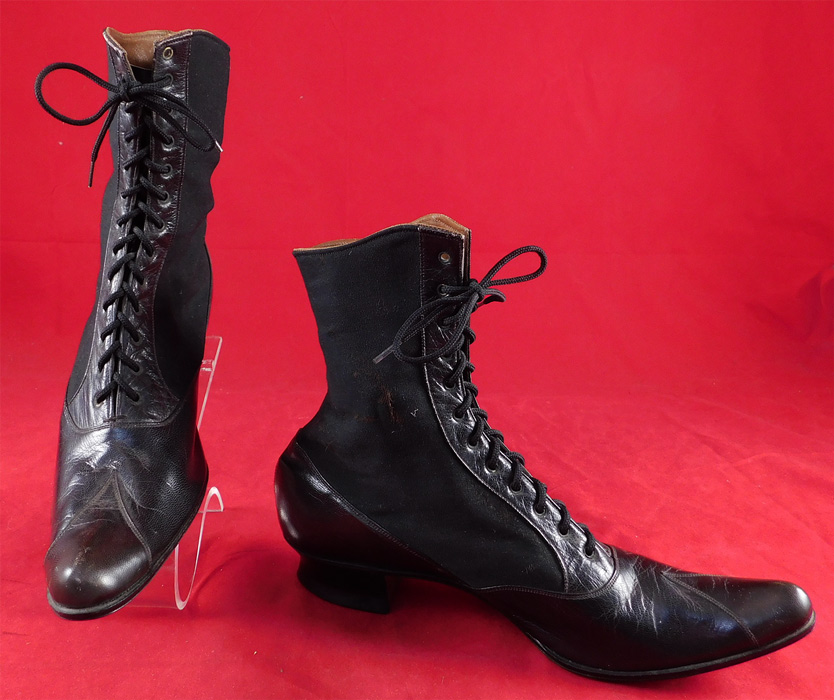 Victorian F. Mayer B & S Co. Unworn Black Wool Cloth Leather Laceup Boots
These are truly a wonderful piece of quality made wearable shoe art! 