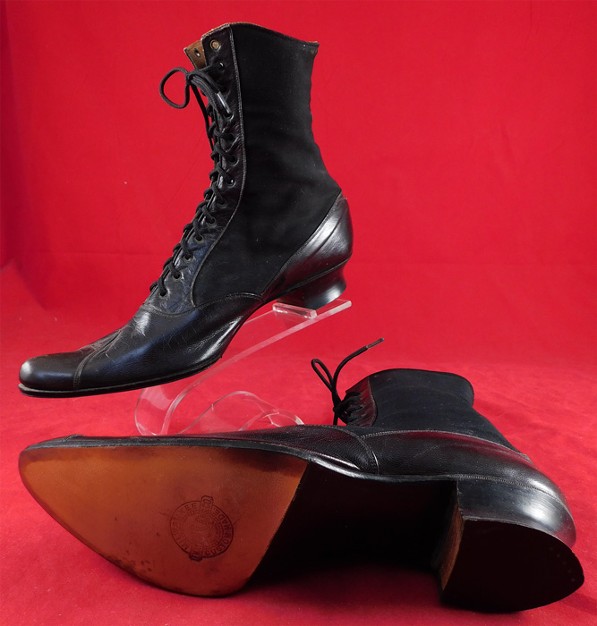 Victorian F. Mayer B & S Co. Unworn Black Wool Cloth Leather Laceup Boots
The boots measure 8 inches tall, 10 inches long, 2 3/4 inches wide, with a 1 inch high heel. 