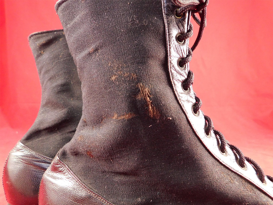 Victorian F. Mayer B & S Co. Unworn Black Wool Cloth Leather Laceup Boots
They are old store stock, vintage deadstock, in unworn good wearable condition, with only a few frayed nips on the wool fabric (see close-up). 