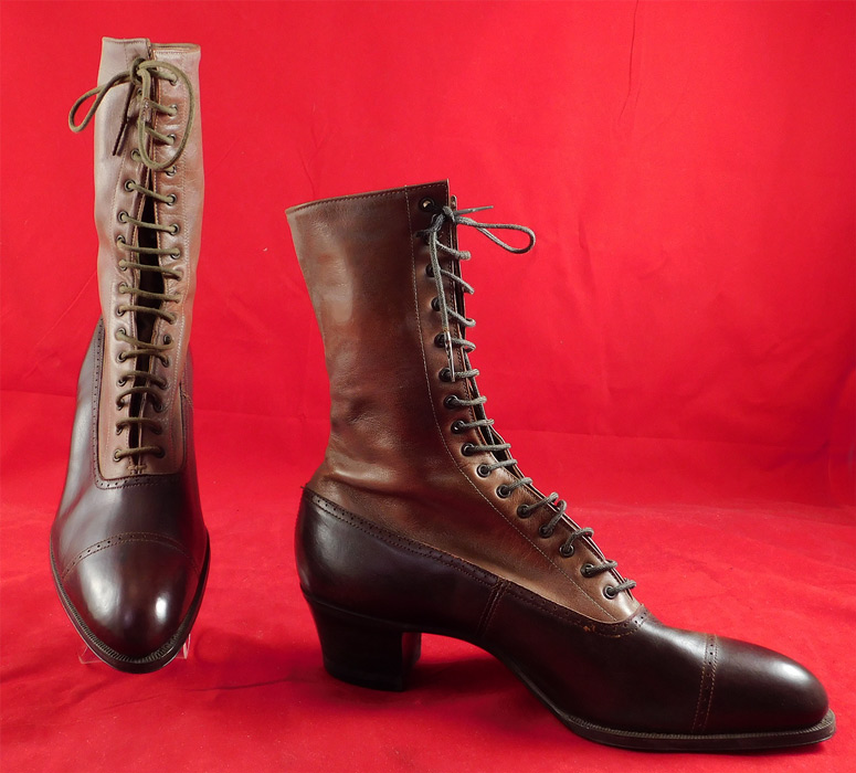 Victorian Unworn Two Tone Brown Leather High Top Lace-up Boots Cube Heels
These antique boots are difficult to size for today's foot and are approximately a US size 6 narrow width. They are old store stock, vintage deadstock, in unworn excellent wearable condition. These are truly a wonderful piece of quality made wearable shoe art!