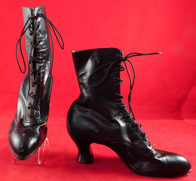 Victorian Unworn Black Leather High Top Lace-up French Spool Heel Boots
They are made of a black leather. These beautiful boots have rounded toes, the original black shoe string laces for closure and black stacked wooden French spool heels. 