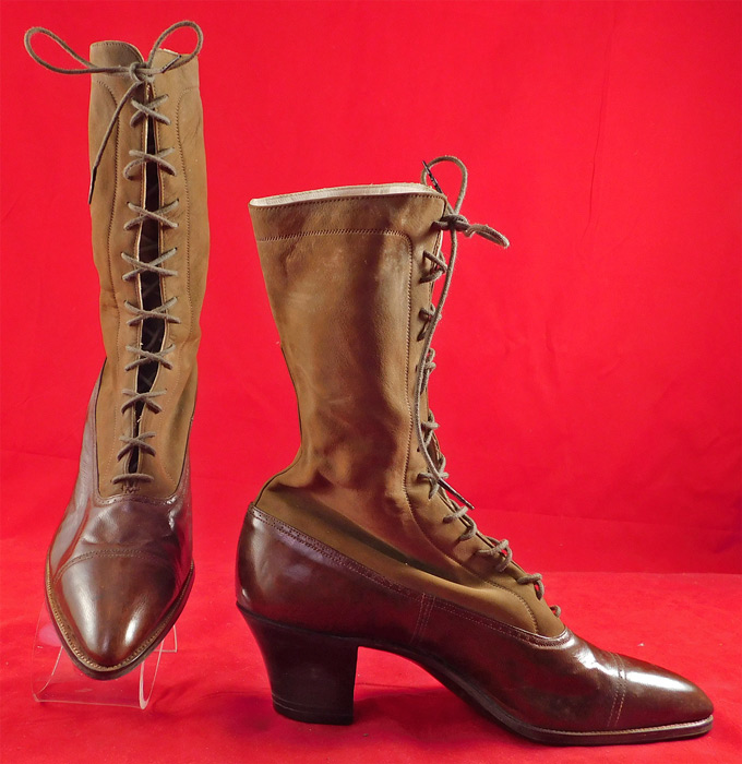 Unworn Edwardian Two Tone Brown Buck Suede Leather High Top Laceup Boots & Shoe Box
These antique boots are difficult to size for today's foot and are approximately a US size 5 or 6 narrow width.