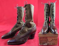 Unworn Edwardian Two Tone Brown Buck Suede Leather High Top Laceup Boots & Shoe Box
