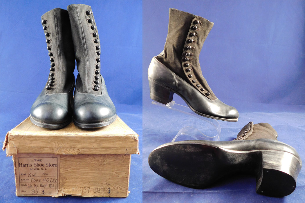 Unworn Edwardian Black Cloth Top Kid Leather Button Boots & Shoe Box
This pair of unworn antique Edwardian era black cloth top, kid leather button boots and shoe box date from 1910. They are made of black wool cloth fabric upper boot and black kid leather lower shoe. These womens beautiful black boots have rounded bulbous toes, 14 black shoe buttons along the side for closure and black stacked wooden cube heels.