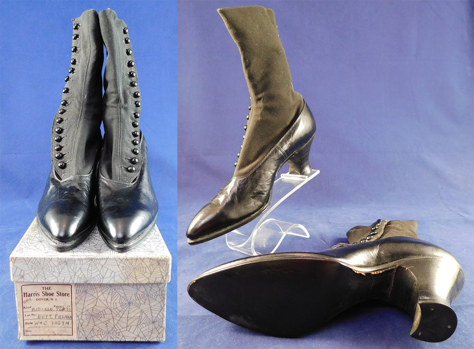 Unworn Edwardian Black Cloth Top Kid Leather Button Boots & Spiderweb Shoe Box
They have never been worn, and are vintage dead stock, old store stock stored away in a basement of a store since 1910.