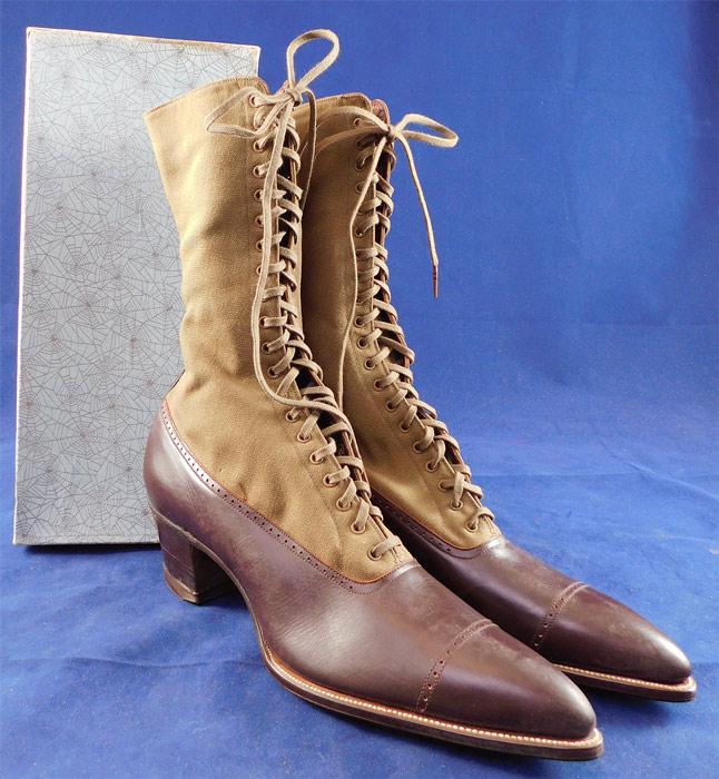 Unworn Edwardian Two Tone Brown High Top Laceup Cloth Boots & Spiderweb Shoe Box
They are made of a two tone mouse brown khaki color cloth wool top and dark brown leather bottom shoe with decorative punch-work designs. 