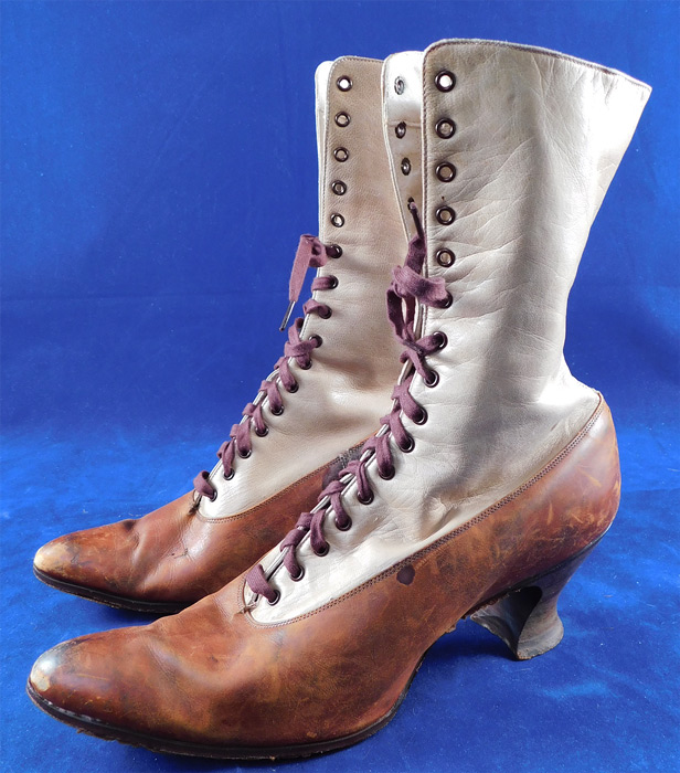 Edwardian BSWU Women's Two Tone Brown Leather High Top Lace-up Boots
 These women's boots have a pointed round toe, replaced newer shorter brown shoe string lacing, stacked wooden French spool heels and are stamped "Boot & Shoe Workers Union Stamp Factory 127" on the bottom leather soles.