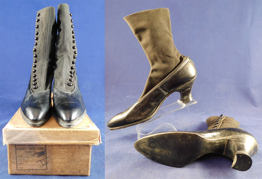 Unworn Edwardian Black Cloth Top Kid Leather High Button Boots & Shoe Box
They have never been worn, and are vintage dead stock, old store stock stored away in a basement of a store since 1910. 