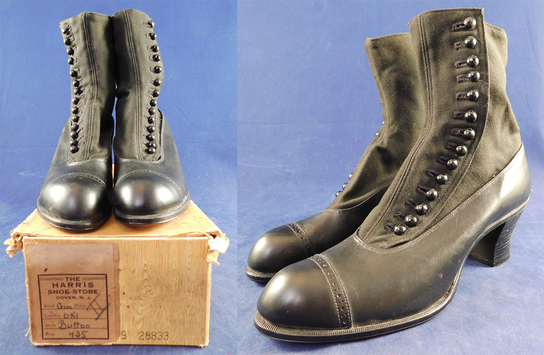 Unworn Edwardian Gunmetal Gray Black Leather Cloth High Top Button Boots & Shoe Box
They come in the original shoe box covered with a wood grain graphics paper from "The Harris Shoe Store" in Dover, New Jersey and are stamped on the outside of the box size 435. The boots measure 8 inches tall, 9 1/2 inches long, 2 3/4 inches wide, with 2 1/4 inch high heels. These antique boots are difficult to size for today's foot, but my guess would be approximately a US size 6 or 7 narrow width. 