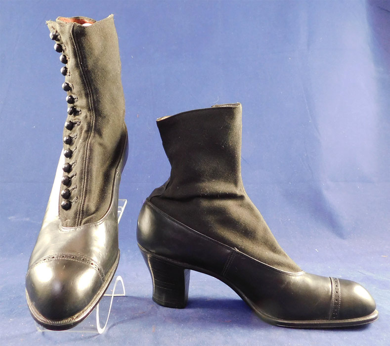 Unworn Edwardian Gunmetal Gray Black Leather Cloth High Top Button Boots & Shoe Box
These are truly a wonderful piece of quality made wearable shoe art!