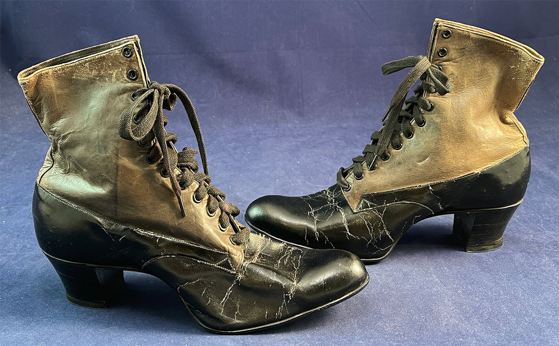 Vintage The Hennessy Shoe Co. Unworn Black & Gray Leather Lace-up Boots
The boots measure 7 inches tall, 10 inches long, 3 inches wide, with 1 3/4 inch high heels. These antique boots are difficult to size for today's foot and are approximately a US size 6 narrow width.