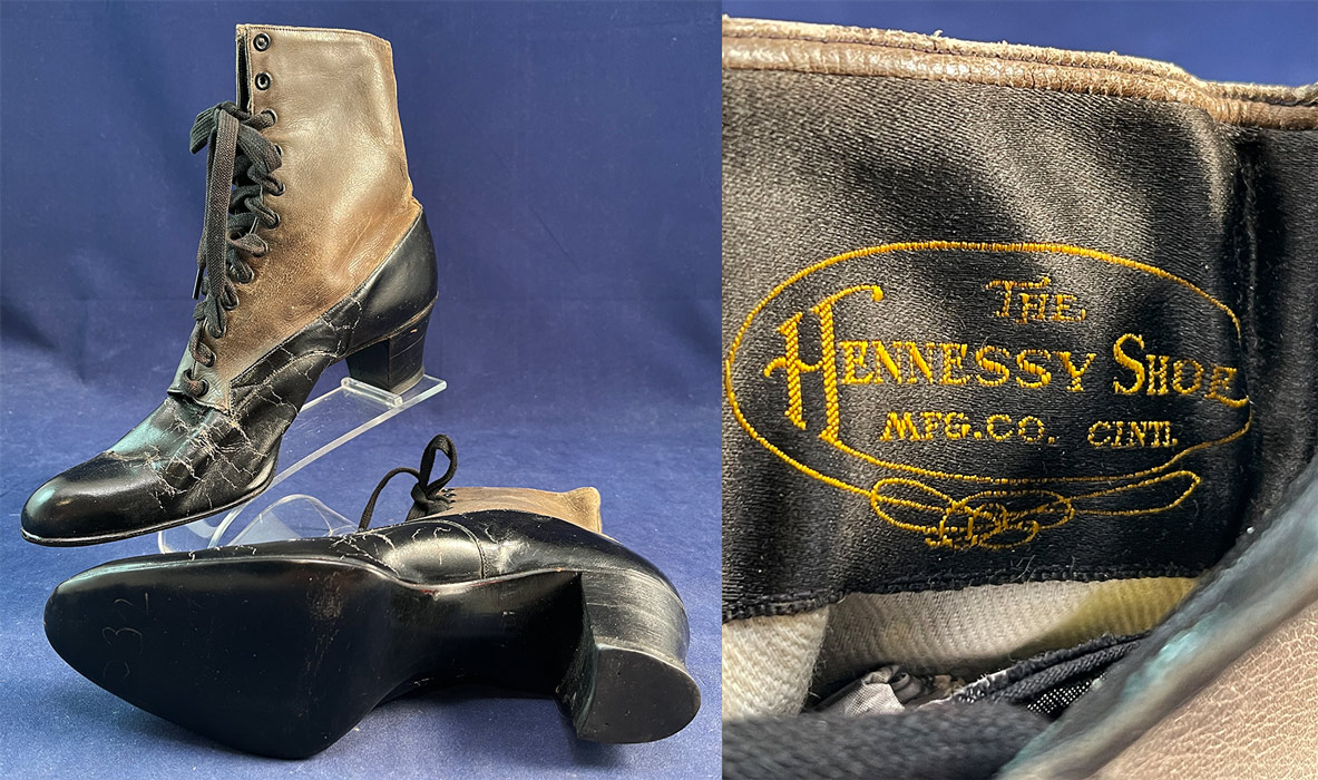 Vintage The Hennessy Shoe Co. Unworn Black & Gray Leather Lace-up Boots
They are old store stock, in unworn good as-is wearable condition needing some leather conditioning restoration, with some scuffs, scratches, creases on the leather from storage and age. These are truly a wonderful quality made antique boot.