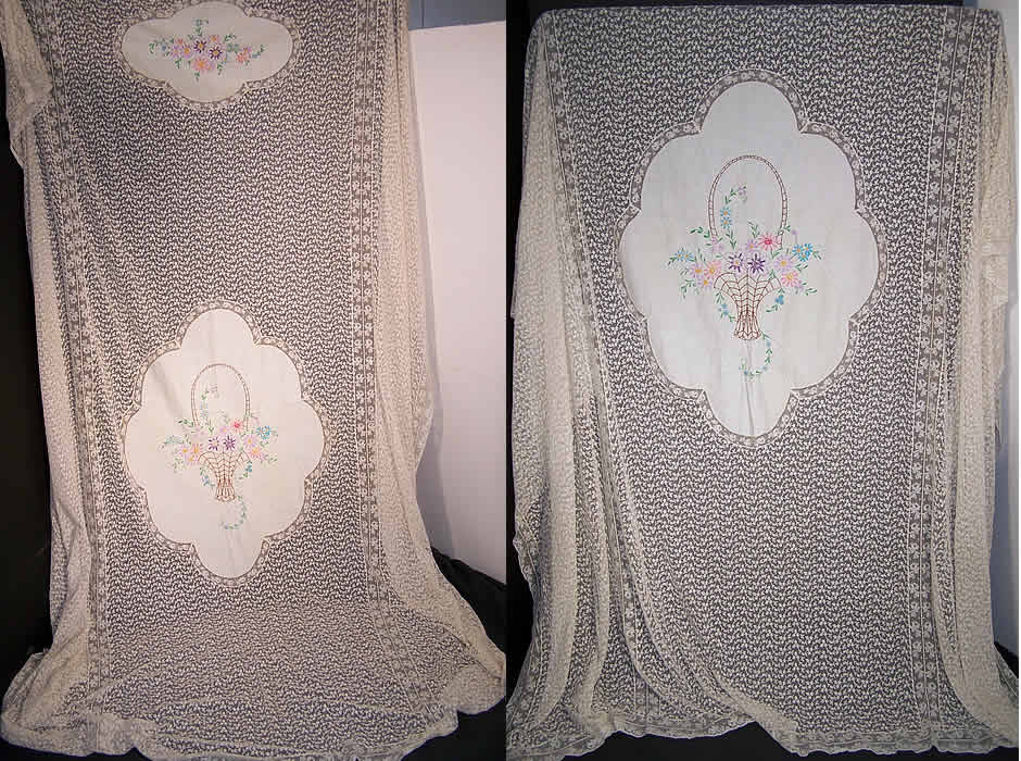 Embroidered Flower Basket Net Lace Bedspread  Front view.