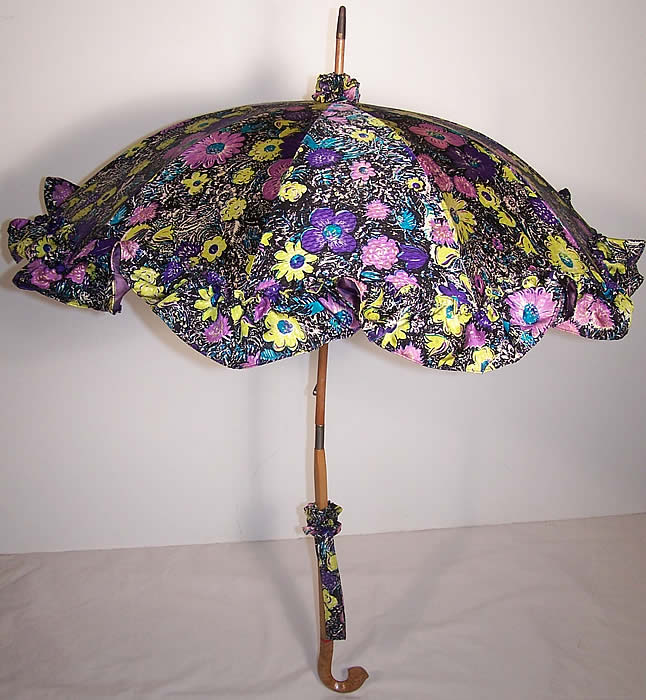  Purple Silk Floral Print Parasol Umbrella Front view.