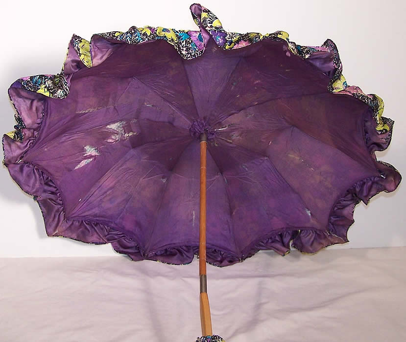 Purple Silk Floral Print Parasol Umbrella Close up.