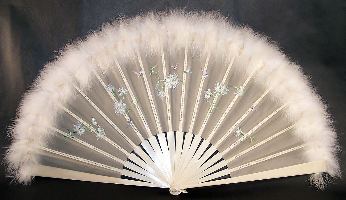 Victorian Dandelion Butterfly Feather Fan & Box   Front view.