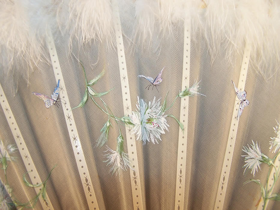 Victorian Dandelion Butterfly Feather Fan & Box  Close up.