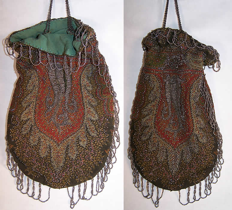  Victorian Antique Paisley Shawl Steel Cut Beaded Purse Front view.