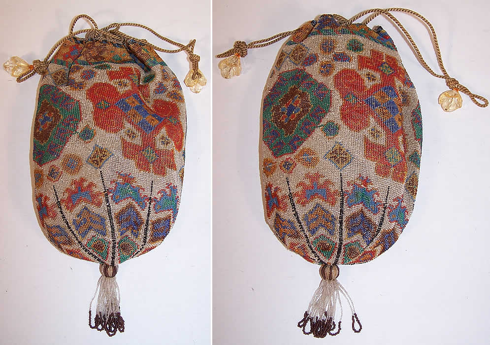 Art Deco Antique Beaded Oriental Rug Design Drawstring Flapper Bag Purse