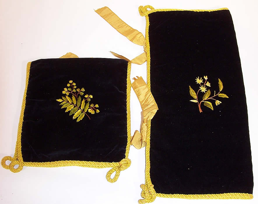 Victorian Velvet Fern Embroidered Lingerie Stocking Glove Hankie Holder Pair