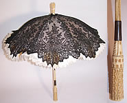Victorian Antique Black Chantilly Lace Carved Masonic Eye of God Handle Parasol