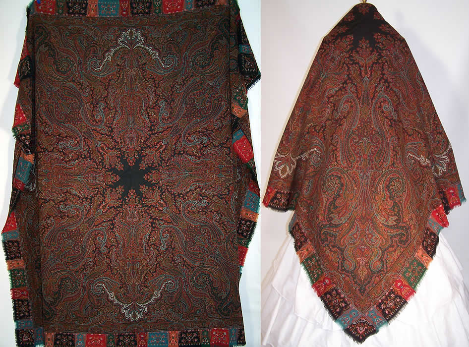 Antique Victorian Signed Kashmir Loom Embroidered Pieced Border Paisley Shawl
