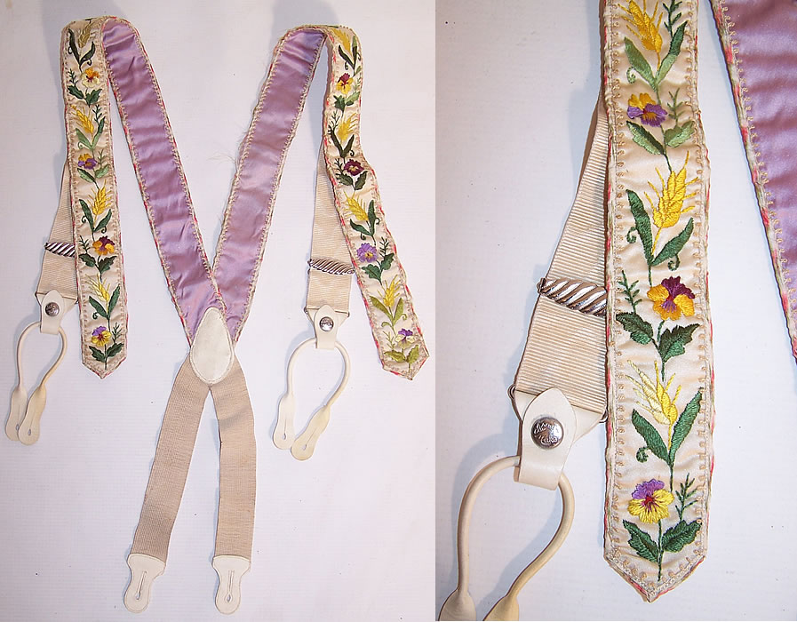 Victorian Crown Make Purple Pansy Embroidered White Silk Suspenders Braces