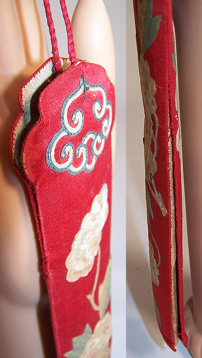 Antique Chinese Red Silk Peony Flower Applique Fan Case Holder Purse