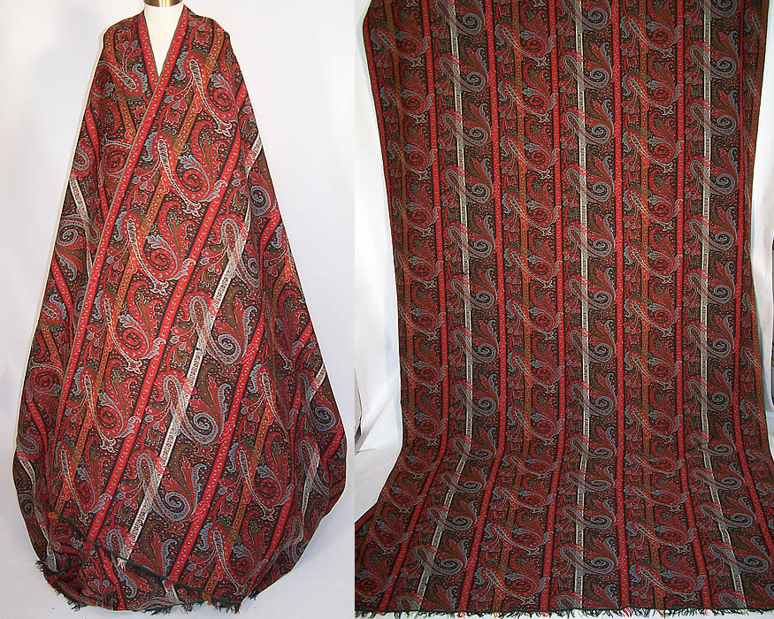 Victorian Antique Jacquard Hand Loom Wool Paisley Striped Shawl Banquet ...