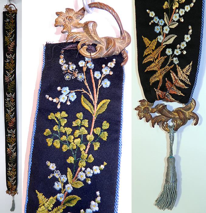 Victorian Antique Embroidered Forget-me-not Flowers Bell Pull & Hardware. This antique Victorian era embroidered forget-me-not flowers bell pull and hardware dates from 1900. It is made of a black wool fabric background, with hand embroidery needlework done in a blue forget-me-not flower and leaf design. It is lined and backed in black wool, with blue silk rope cord trim edging.
