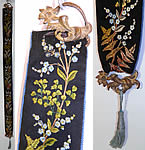 Victorian Antique Embroidered Forget-me-not Flowers Bell Pull & Hardware