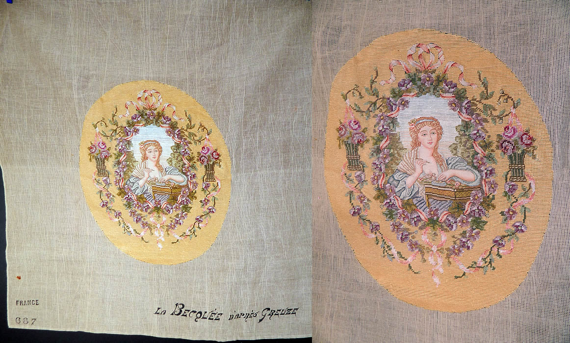 Antique 18th Century Inspired Needlepoint Petitpoint Portrait Greuze French Fabric. This antique 18th century inspired needlepoint petitpoint portrait Greuze French fabric dates from the 1920s. It is made of a canvas background, with a colorful beautifully hand done needlepoint petitpoint embroidery work portrait of an 18th century women inspired from the painting titled La Becquée d'aprés Greuze by French artist Jean Baptiste Greuze. 