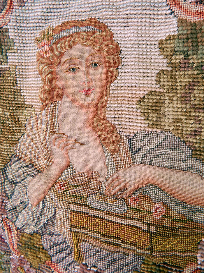 Antique 18th Century Inspired Needlepoint Petitpoint Portrait Greuze French Fabric. The fabric measure 37 by 35 inches and the embroidered oval is 60 inches in circumference. 
