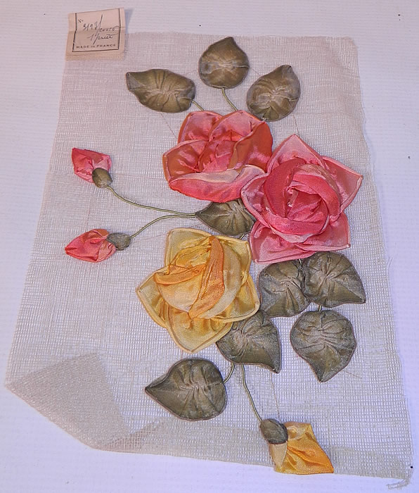 Unused Made in France Antique Large Silk Rosette Ribbon Work Applique Trim. This unused Made in France antique large silk rosette ribbon work applique trim dates from the 1920s. 