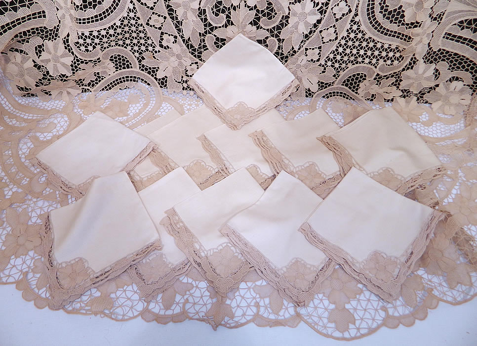 Vintage Antique Point de Venise Lace Banquet Tablecloth & 12 Napkins. This lovely lace large banquet size tablecloth table cover comes with 12 matching dinner napkins made of linen with Point de Venise lace trim edging.