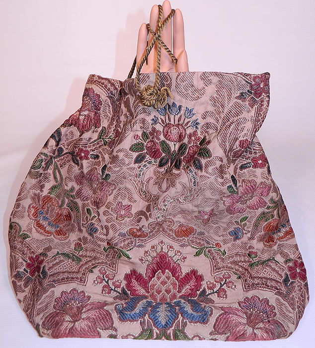 Victorian Antique  Silk Damask Brocade Jacobean Tapestry Fabric Bag Purse.This Victorian era antique silk damask brocade Jacobean tapestry fabric bag purse dates from 1900.