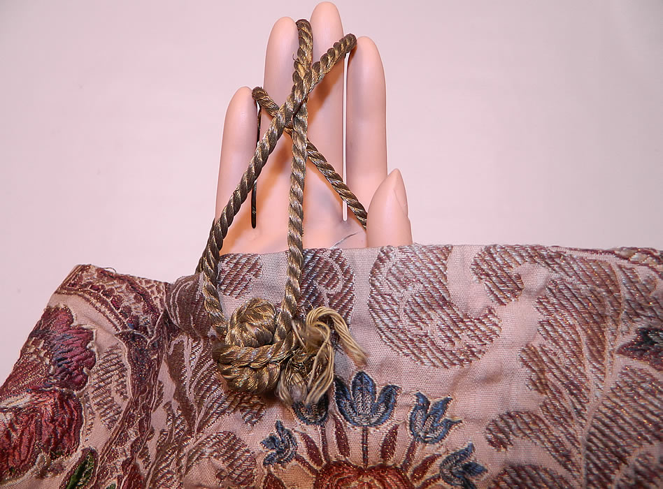 Victorian Antique  Silk Damask Brocade Jacobean Tapestry Fabric Bag Purse.This fabulous French fabric purse has a large pouch hobo bag style which could have been used as a sewing bag, with a gold metallic lamé rope cord drawstring top and silk lining.