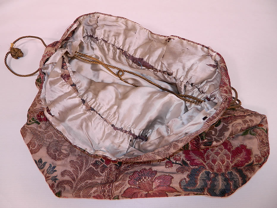 Victorian Antique  Silk Damask Brocade Jacobean Tapestry Fabric Bag Purse.It is in good condition, with some fraying on the inside silk lining. This is truly an amazing piece of antique textile art! 