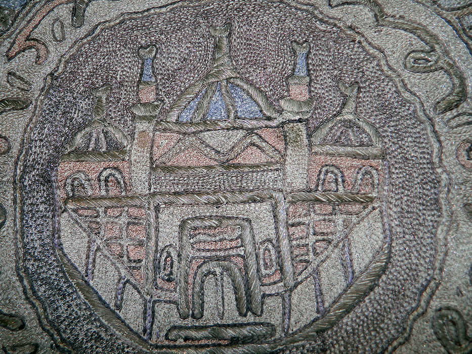 Antique Ottoman Turkish Hagia Sophia Gold Metallic Embroidered Linen Tablecloth
There are embroidered flowers, stars, crescent moons, Arabic lettering and the Hagia Sophia, Ayasofya mosque in the center.