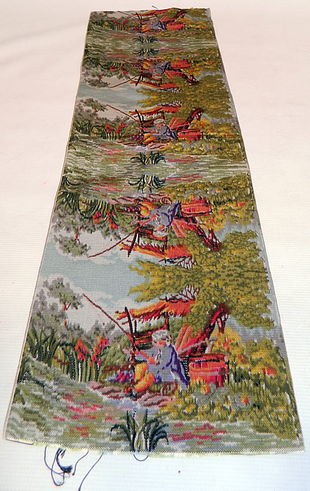 Victorian 18th Century Style French Figural Silk Damask Weave Ribbon Unused Purse Fabric
This antique Victorian era 18th century style French figural silk damask weave ribbon unused purse fabric dates from 1900. It is made of a colorful woven silk damask brocade French fabric with an 18th century gentlemen fishing at a garden pond scene weave design.