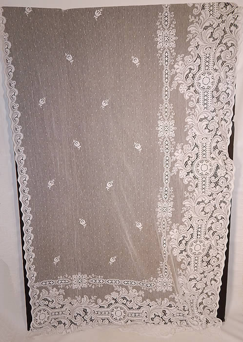 Vintage Antique White Lace Net Octagram Drapery Curtain Panel Pair 100x57
It is made of a white sheer cotton net mesh fabric, with tiny swiss dots, flowers, octagram eight sided stars and fancy decorative rococo lace pattern designs. 